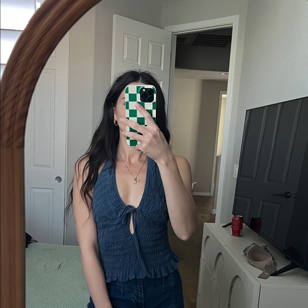 Free People Teal Smocked Halter Crop Top